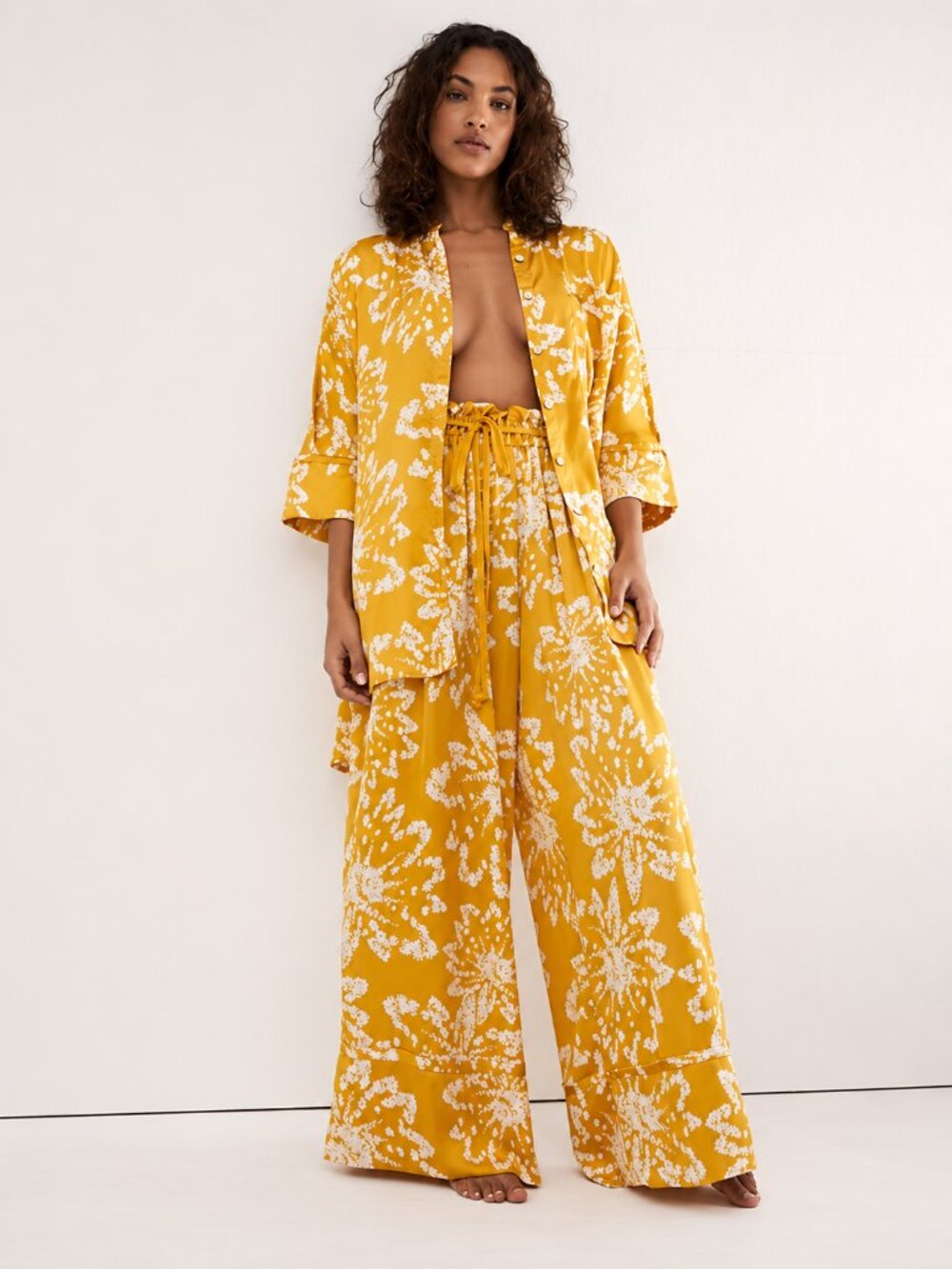 FREE PEOPLE Goddess Yellow Satin Loungewear Top and Pants Set